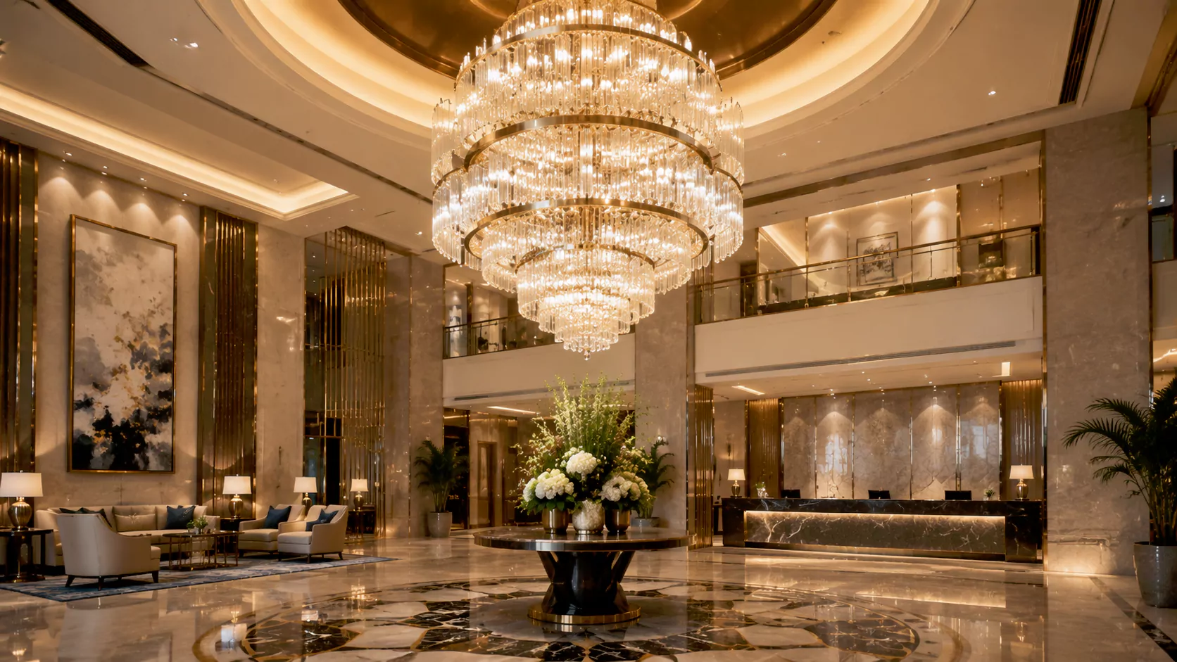 Stunning modern crystal chandelier in luxury hotel lobby with multi-tier warm LED illumination