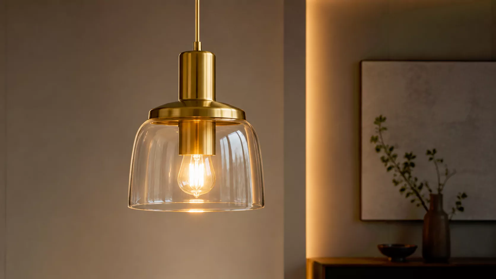 Elegant brass and glass pendant light with warm 2700K illumination in luxury interior setting