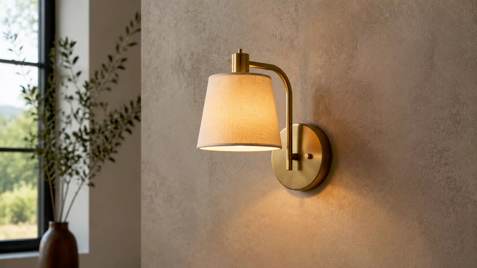 Designer decorative wall sconce in brushed brass finish with fabric shade on textured warm wall