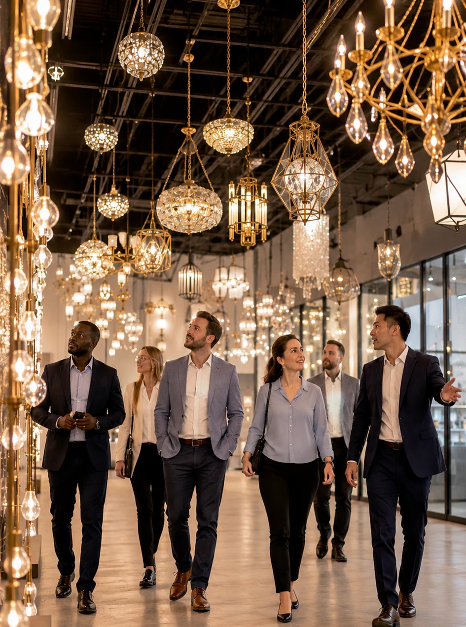 Large modern lighting factory showroom with elegant pendant lights and chandeliers on display