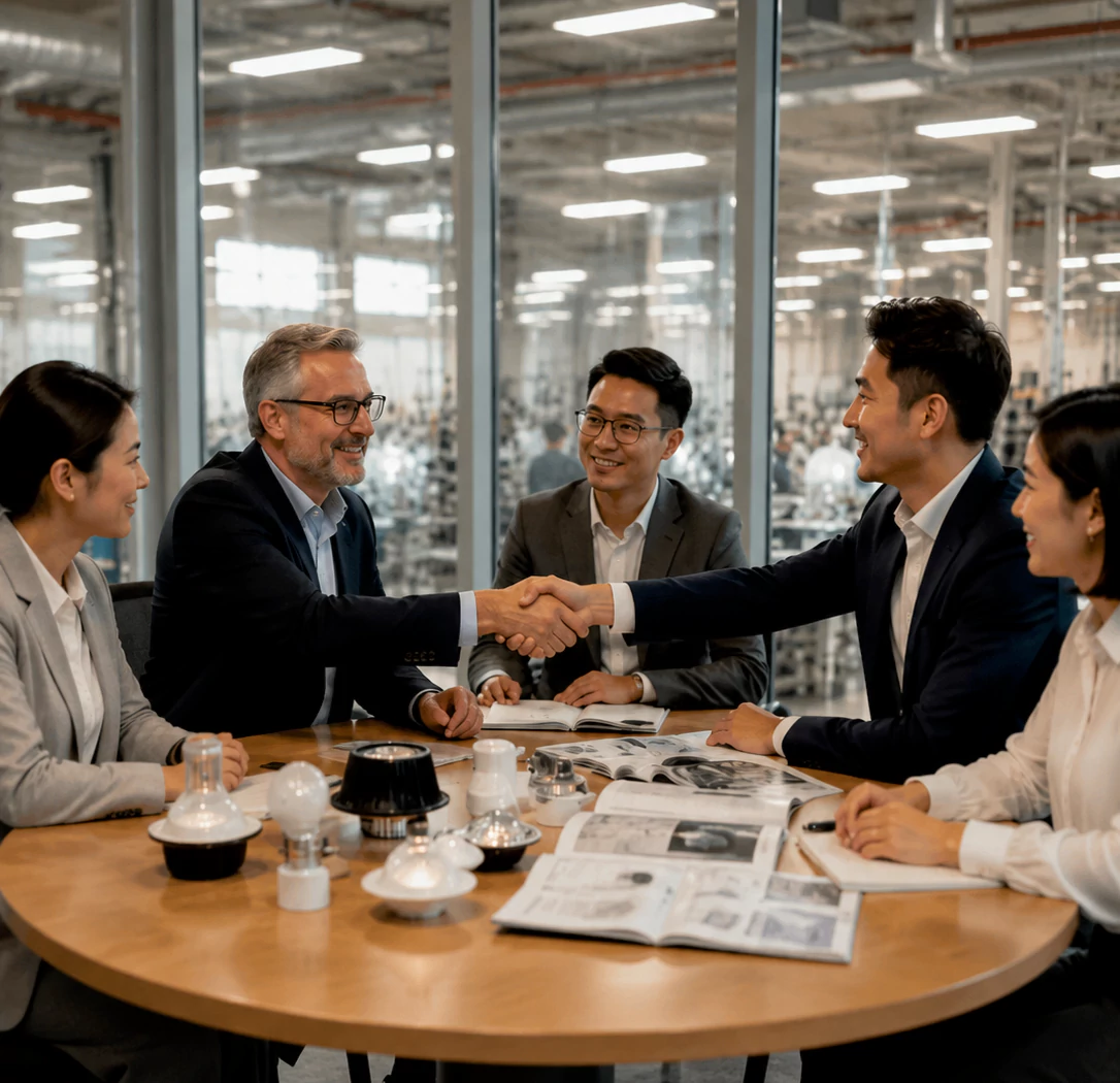 Professional business meeting at LumiFab office with lighting product samples and catalogs