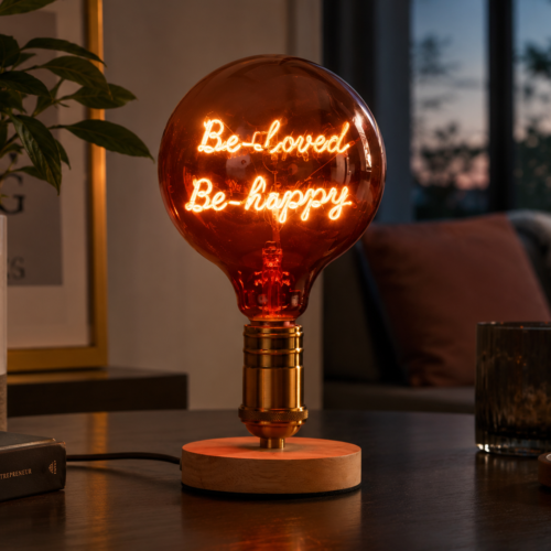 Red G125 LED Filament Decorative Bulb with Be Loved Be Happy Filament Design on Wooden Base